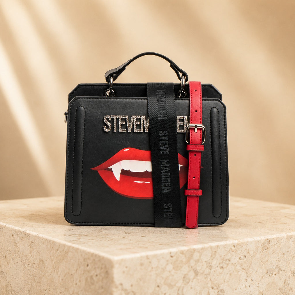 Steve Madden Black Lip Crossbody Bag, Vampire Lips, Sparkling Logo