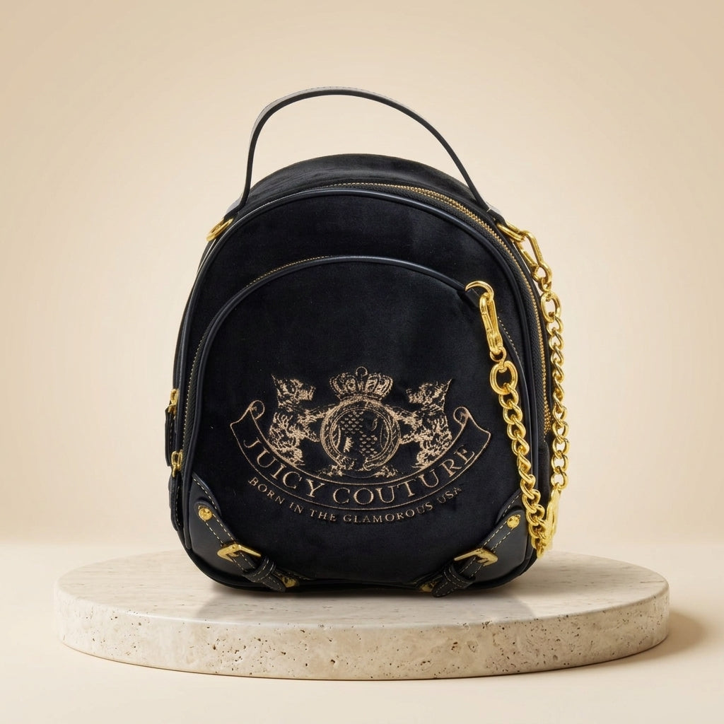 Juicy Couture Black Velour Backpack, Gold Chain Detail, Everyday School Bag