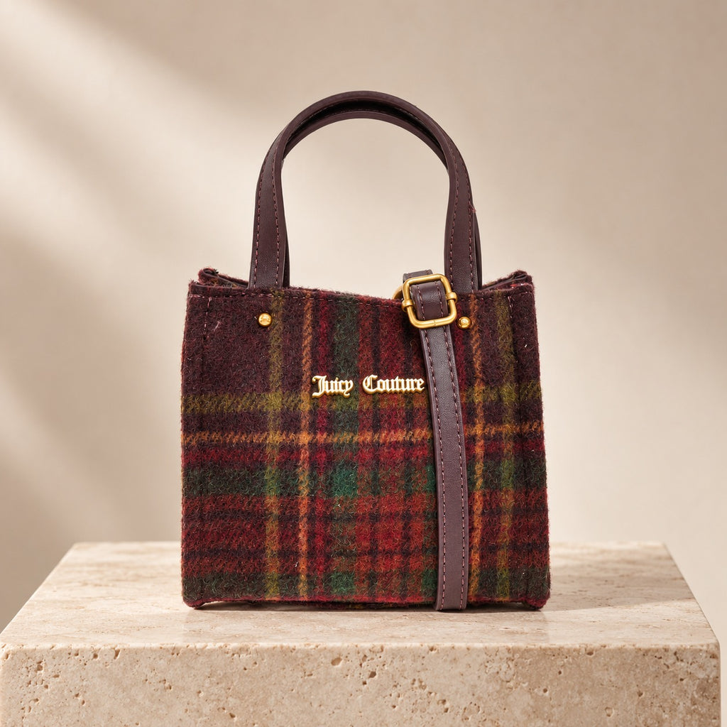 Juicy Couture Tartan Mini Tote Bag, Winetasting Plaid, Gold Hardware