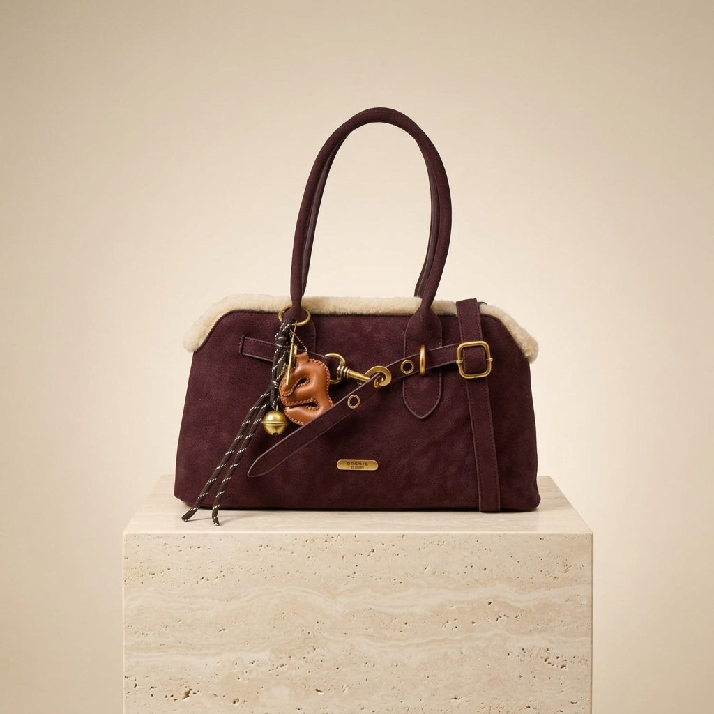 Bessie London Burgundy Shoulder Bag, Faux Suede Grab Bag, Shearling Trim