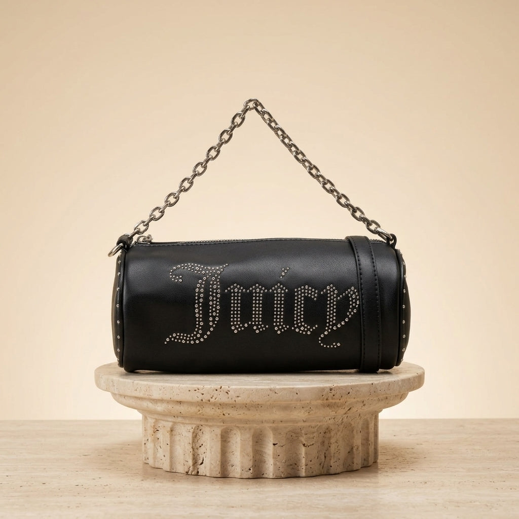 Juicy Couture Black Barrel Bag, Studded Logo, Chain Strap, Shoulder Handbag