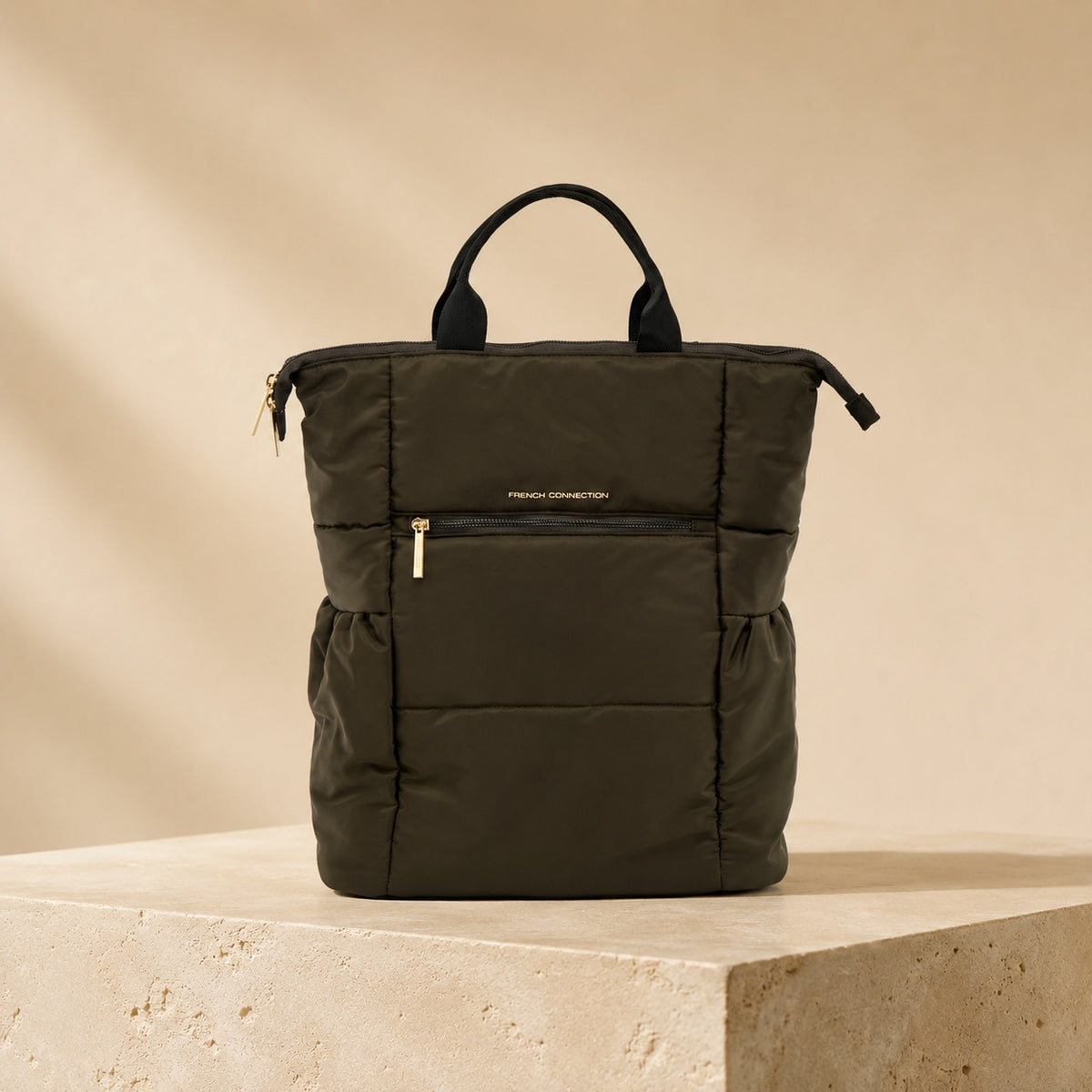 French Connection Olive Quilted Backpack, Padded Nylon Day Bag, Travel Rucksack