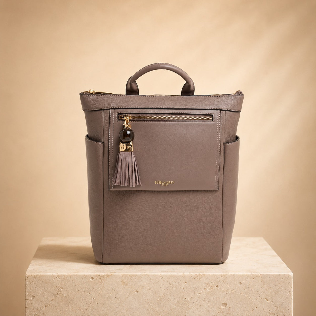 Luella Grey Taupe Laptop Backpack, 15in Work Bag, Tassel Charm