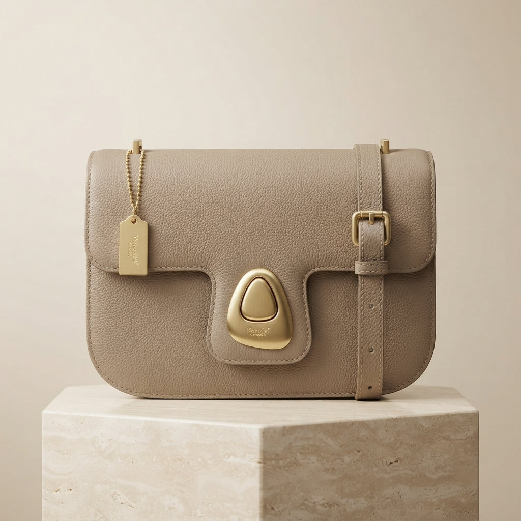 Moncrief Beige Pebble Crossbody Bag, Gold Hardware, Everyday Work Purse