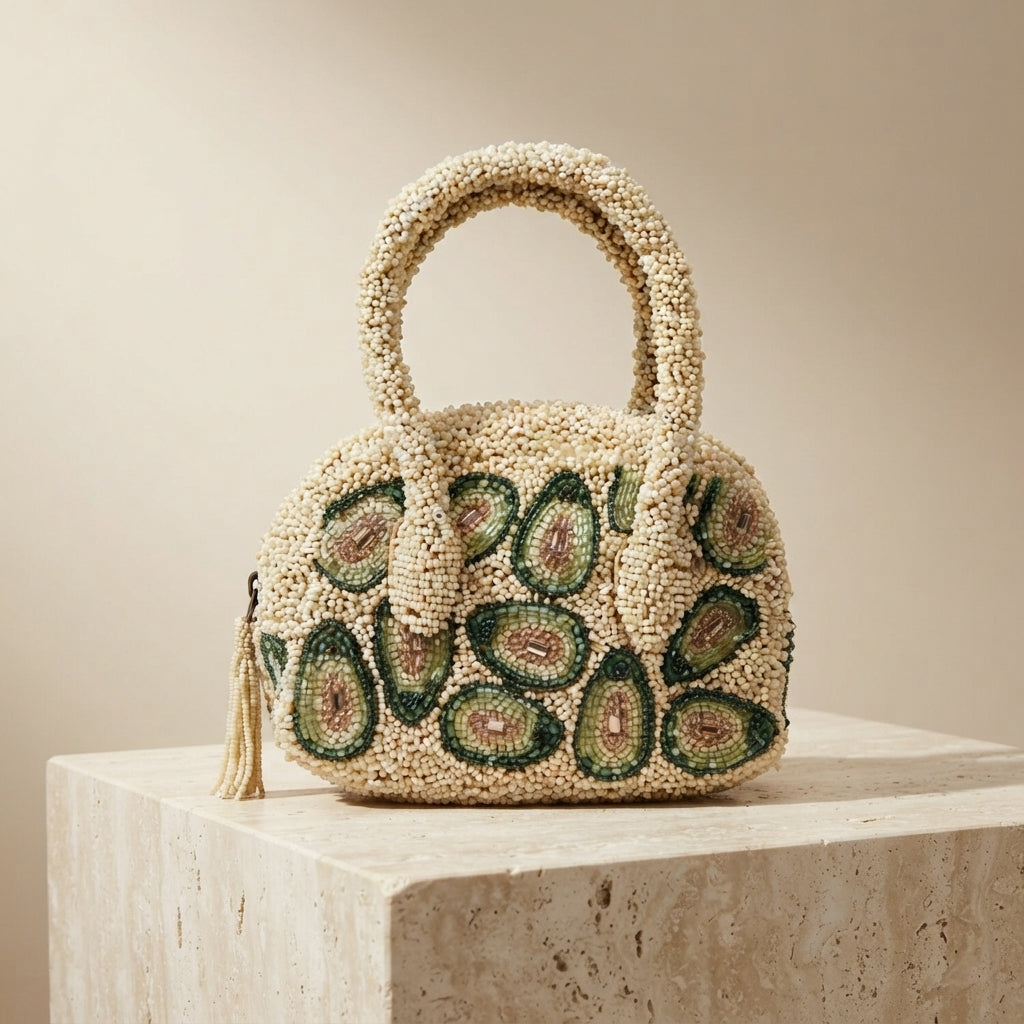 Mirasol Beige Beaded Bag, Avocado Motif Handbag, Cute Novelty Purse Gift