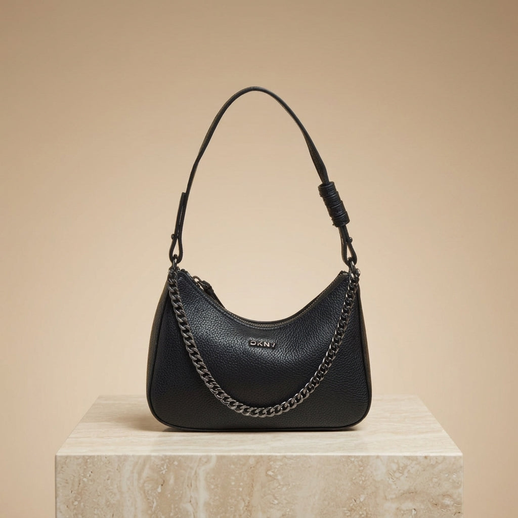 DKNY Black Crescent Shoulder Bag, Pebbled Faux Leather, Gunmetal Chain