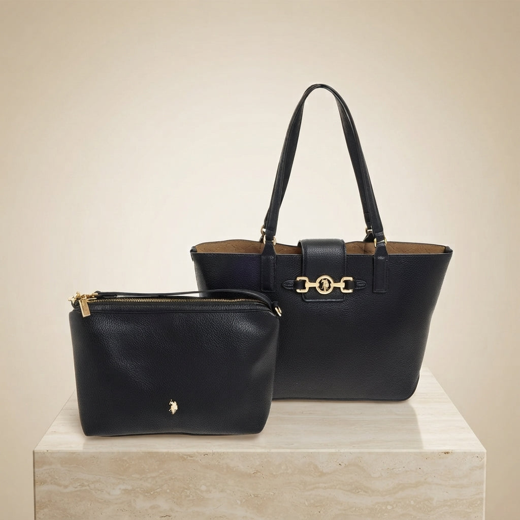 US Polo Assn Black Tote Bag, Y2K Vintage Inspired, Pebbled, Everyday Handbag