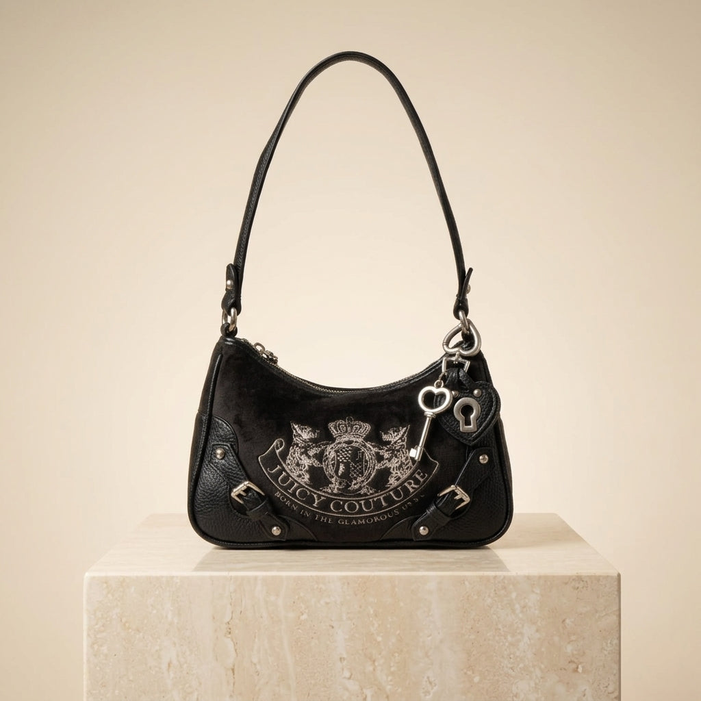 Juicy Couture Black Hobo Bag, Velour Crest Logo, Shoulder Bag, Y2K Aesthetic