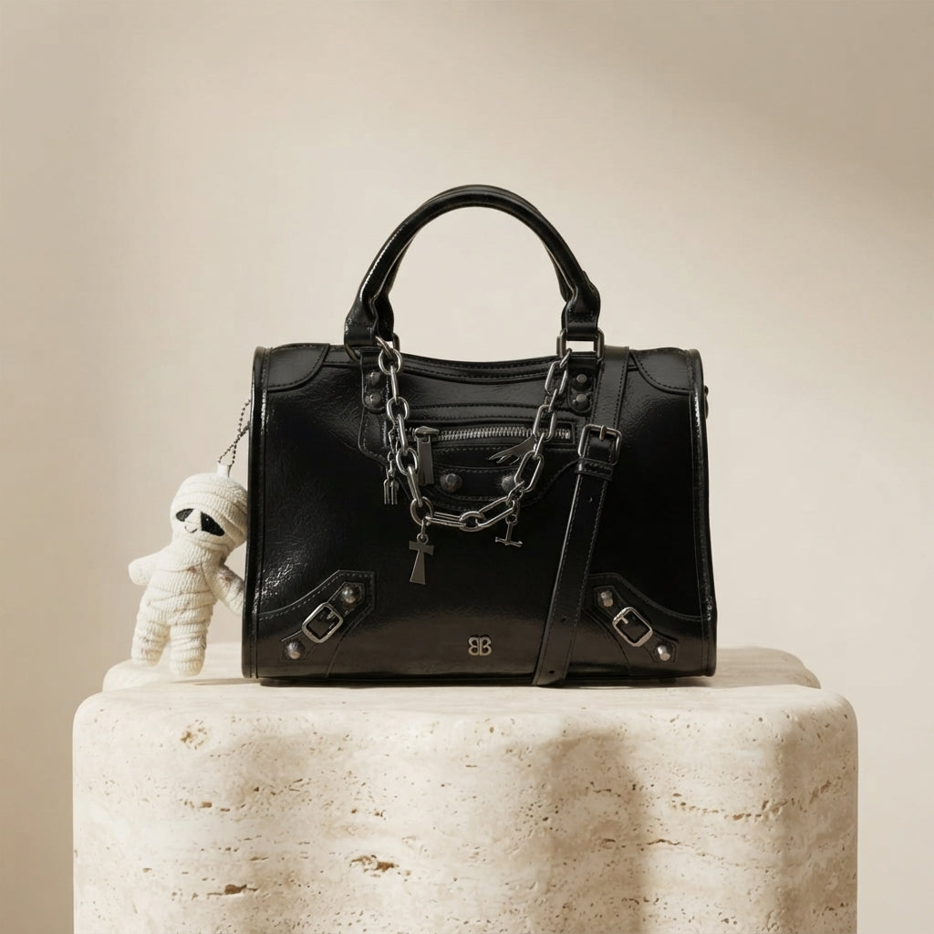 Bessie London Black Satchel Bag, Glossy Patent Finish, Chain Trim, Halloween