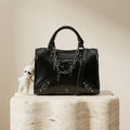 Bessie London Black Satchel Bag, Glossy Patent Finish, Chain Trim, Halloween