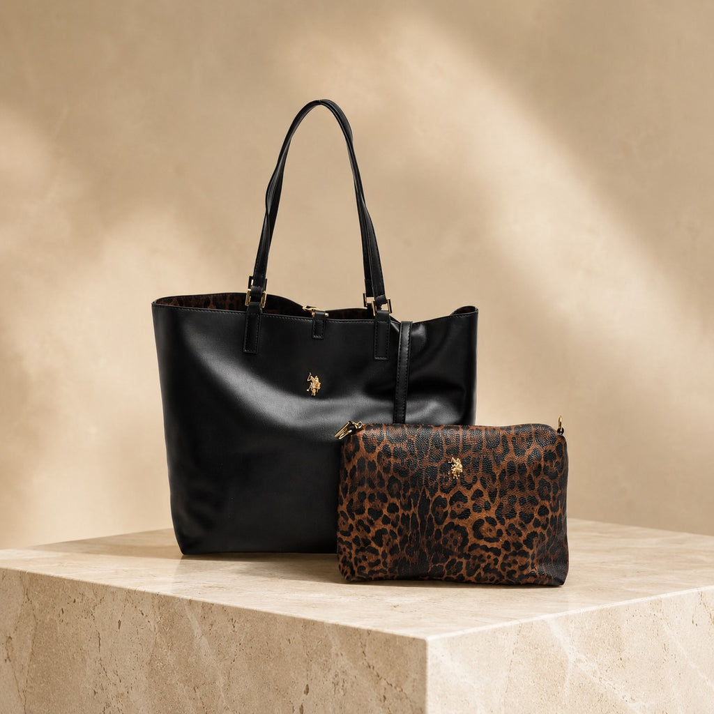 US Polo Assn Black Tote Bag, Reversible Leopard Print, Shoulder Handbag Gift