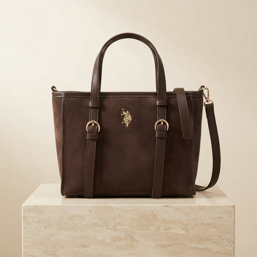 US Polo Assn Brown Mini Tote Bag, Suede Look, Gold Buckles, Equestrian, Gift