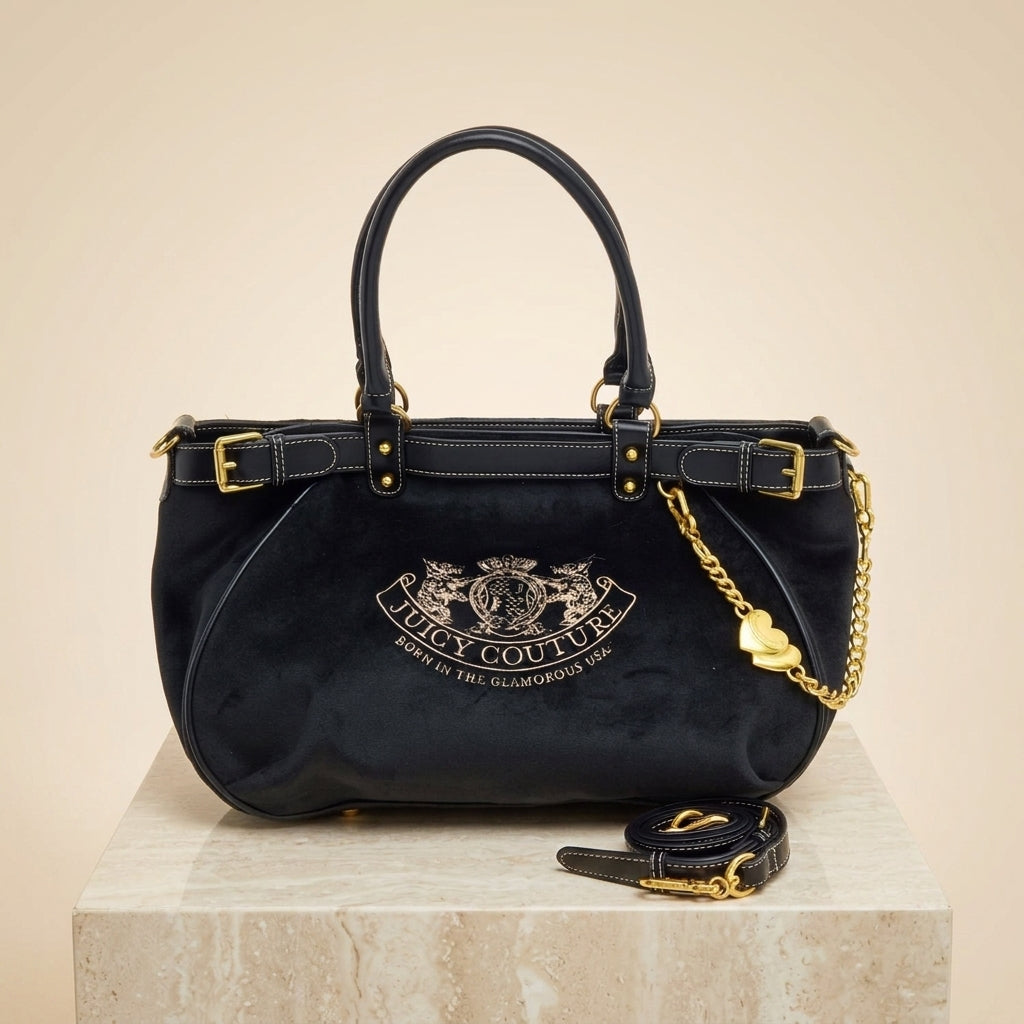Juicy Couture Black Velour Shoulder Bag, Gold Heart Charm, Designer Handbag