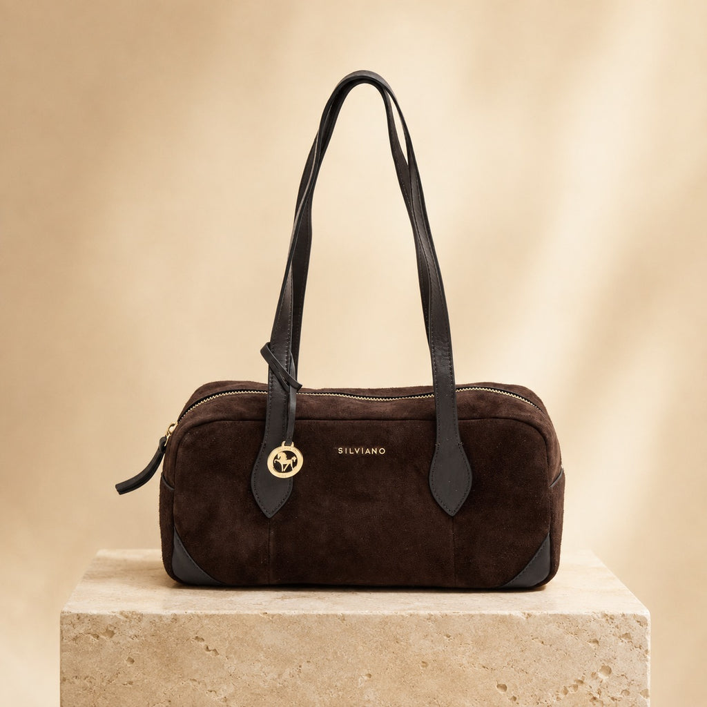 Silviano Brown Suede Shoulder Bag, Zip Top, Gold Hardware, Everyday Purse