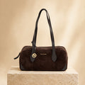 Silviano Brown Suede Shoulder Bag, Zip Top, Gold Hardware, Everyday Purse