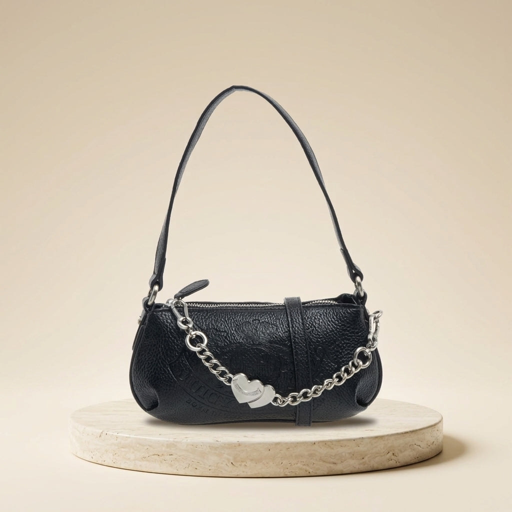 Juicy Couture Black Shoulder Bag, Pebbled Monogram Purse, Silver Heart Charm