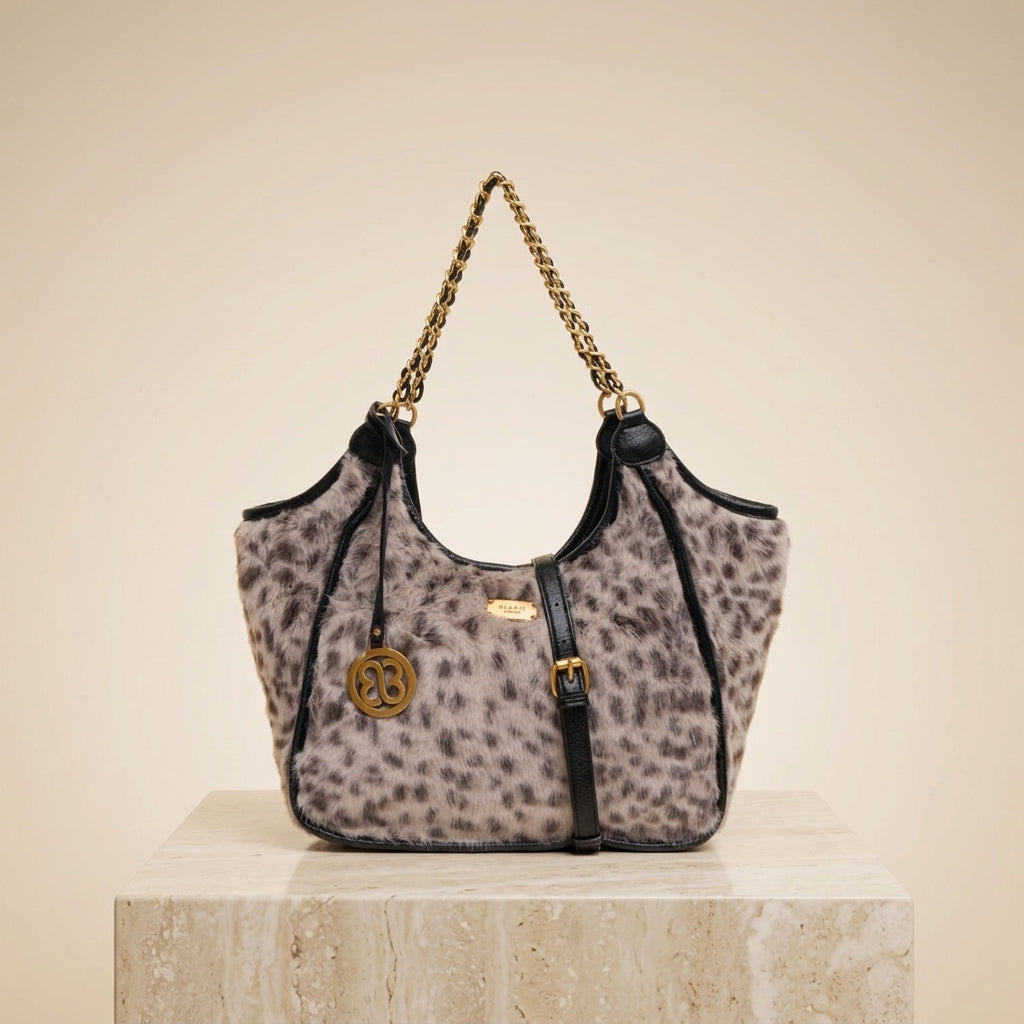 Bessie London Grey Shoulder Bag, Dalmatian Spot Faux Fur, Gold Hardware