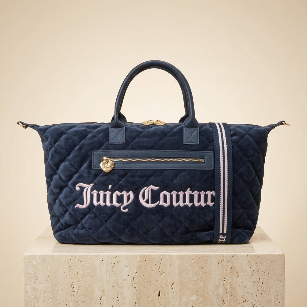 Juicy Couture Navy Quilted Tote Bag, Velour Weekender, Travel Duffel
