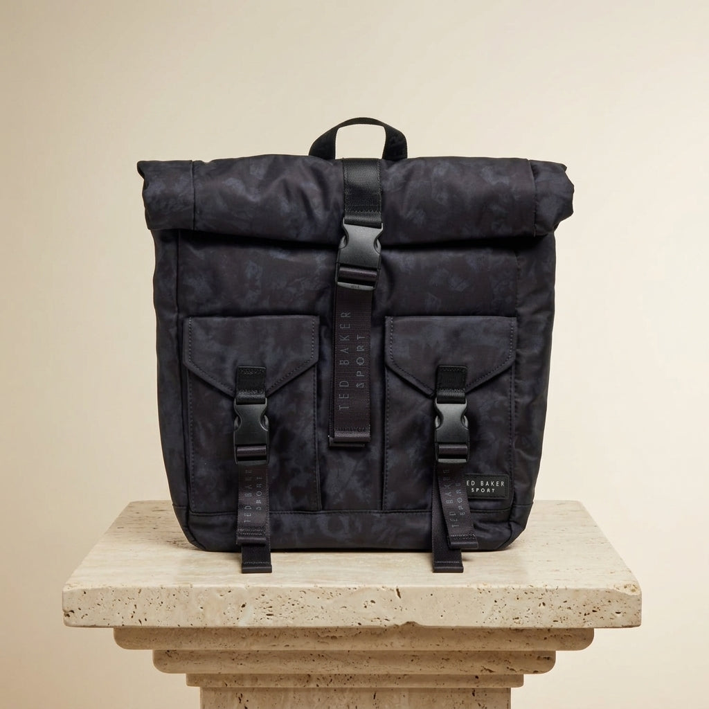 Ted Baker Sport Black Letica Backpack, Roll-Top Buckle Bag