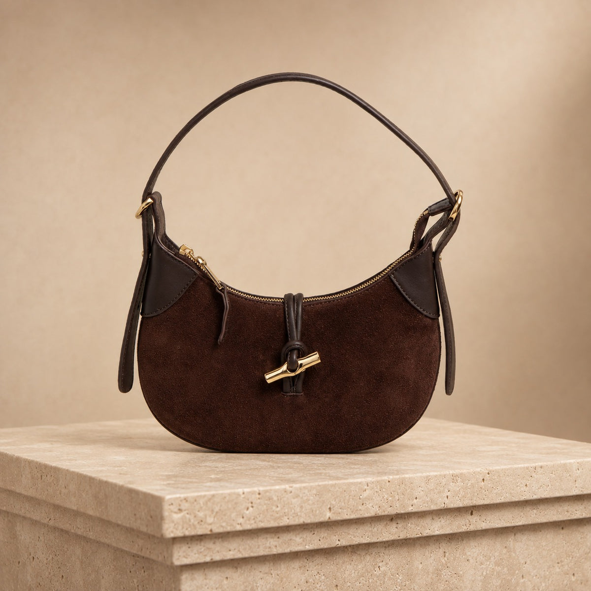 Silver Street London Brown Hobo Bag, Suede Shoulder Bag, Gold Hardware