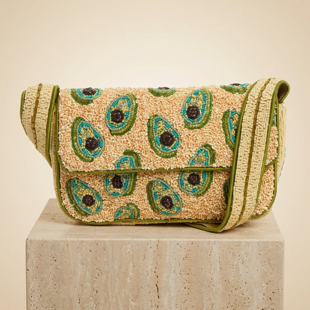 Mirasol Beaded Avocado Grab Bag, Multicoloured Food Novelty Handbag, Quirky Gift