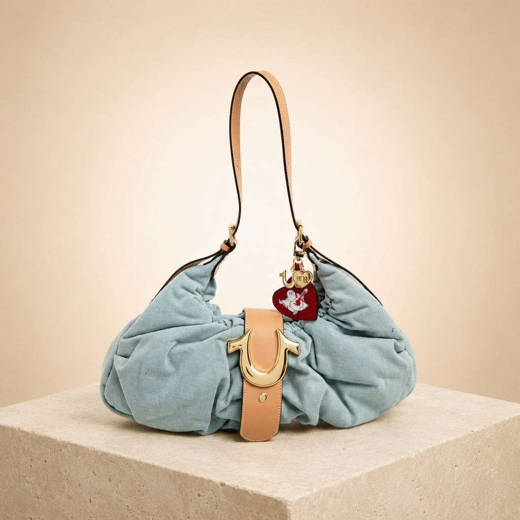 True Religion Light Blue Denim Hobo Bag, Shoulder Bag, Red Charm