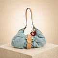 True Religion Light Blue Denim Hobo Bag, Shoulder Bag, Red Charm