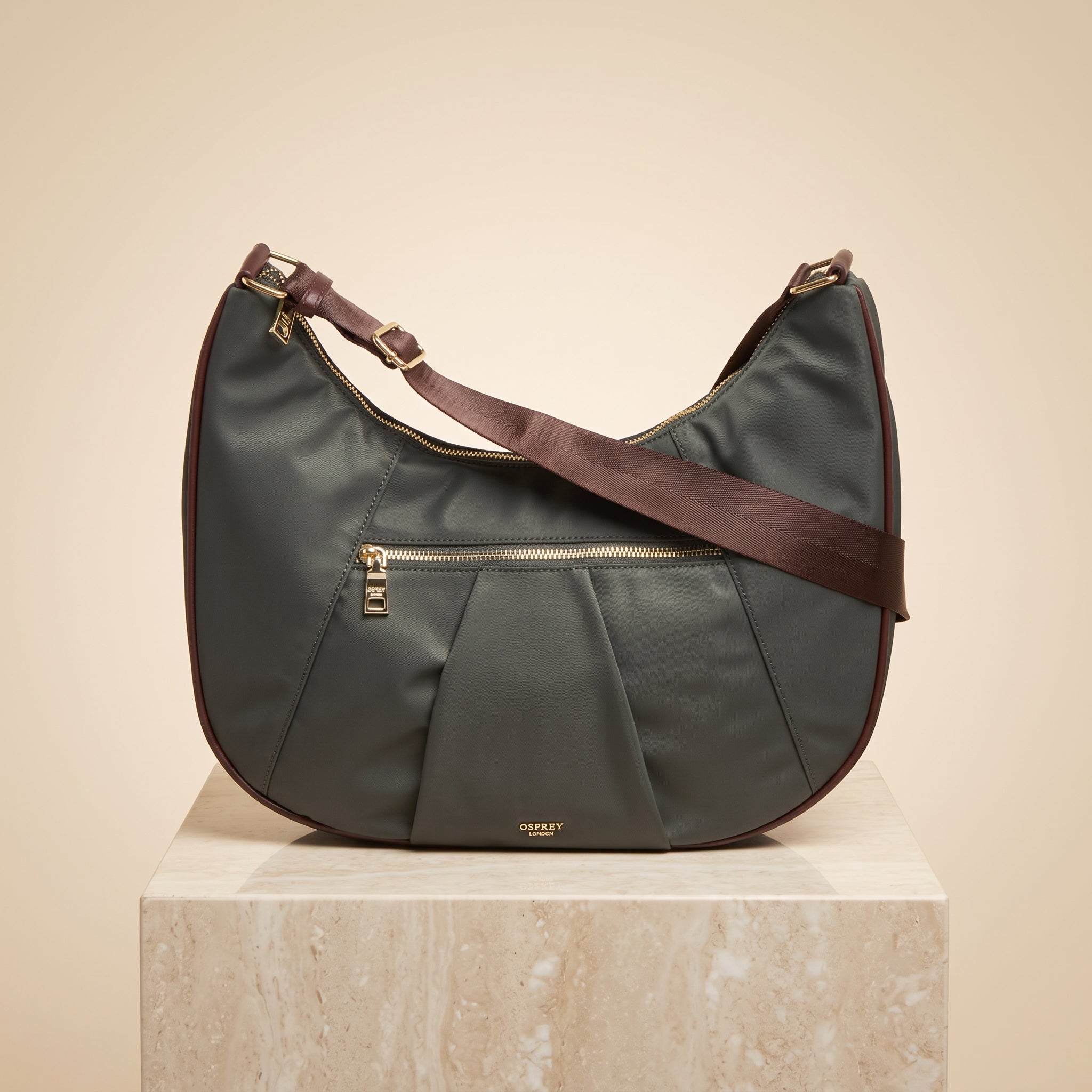 Osprey London Khaki Hobo Bag, Nylon Shoulder Handbag, Everyday Tote, Gift for Her