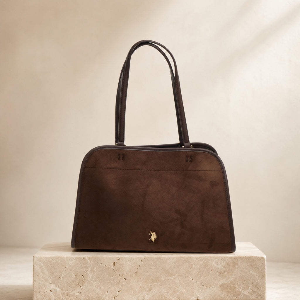 US Polo Assn Brown Tote Bag, Suede Texture, Shoulder Handbag, Everyday