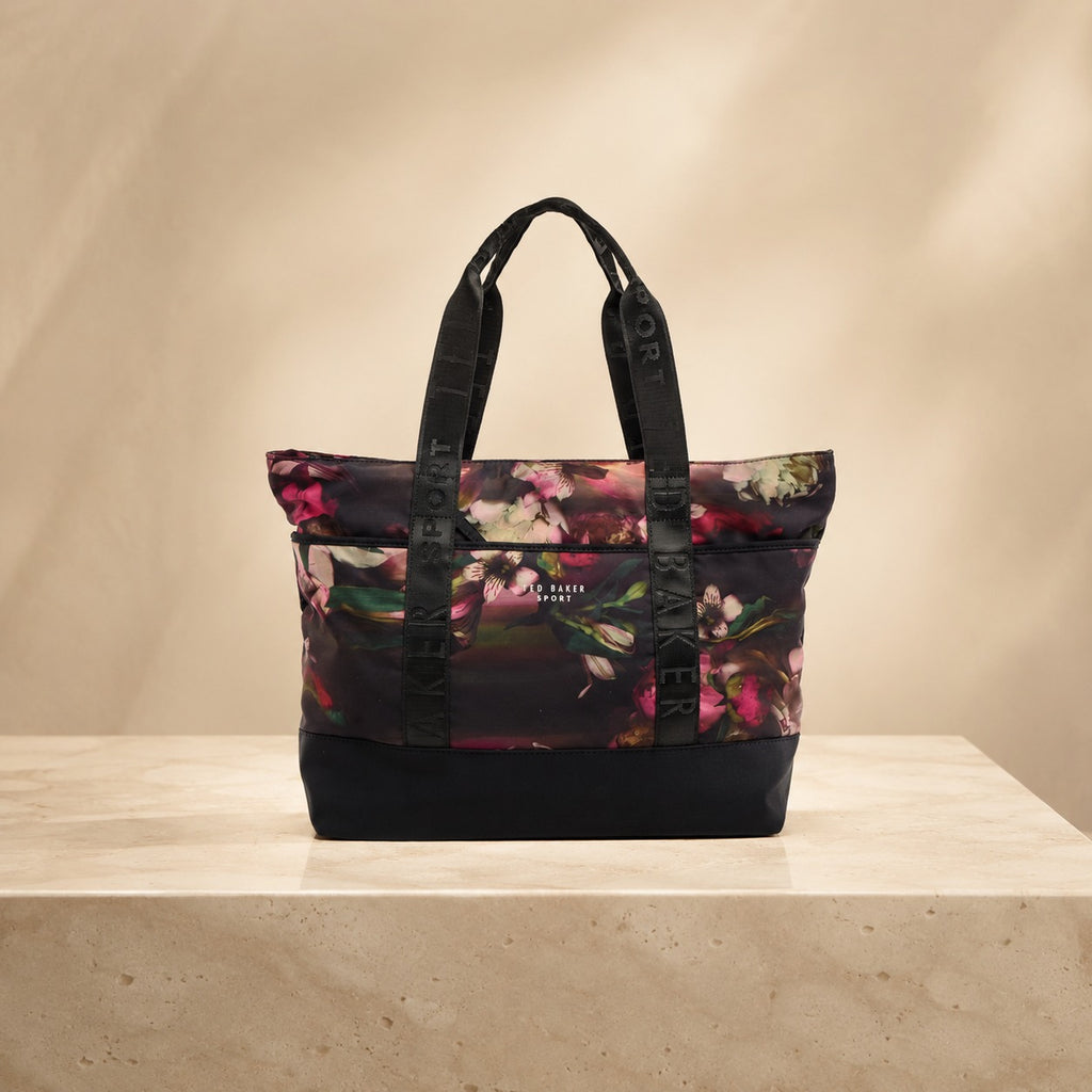 Ted Baker Sport Floral Tote Bag, Black Pink Flower Print, Large Shoulder Bag