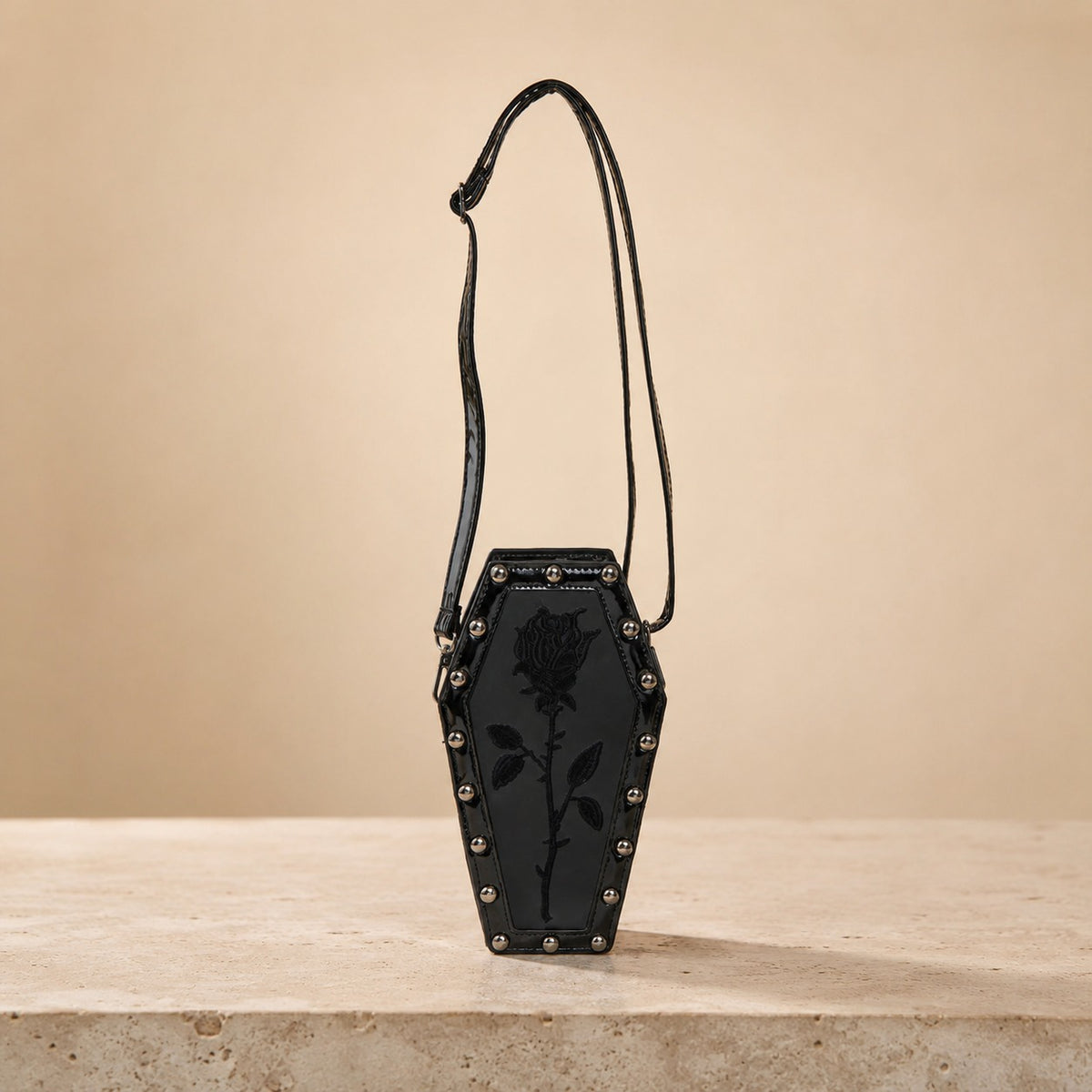 Skinnydip Black Coffin Crossbody Bag, Goth Rose Embroidered, Spooky Aesthetic