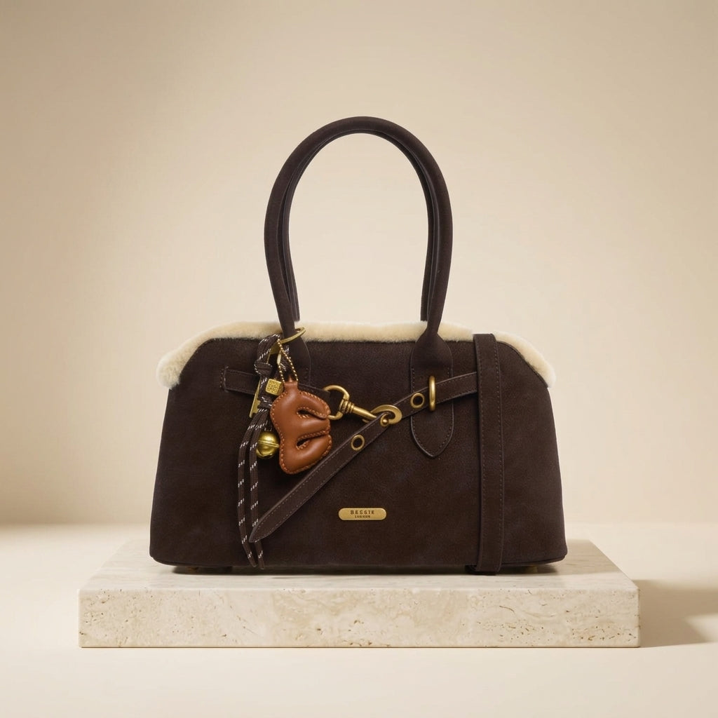 Bessie London Brown Crossbody Bag, Fleece Trim, Gold Charm, Equestrian Satchel