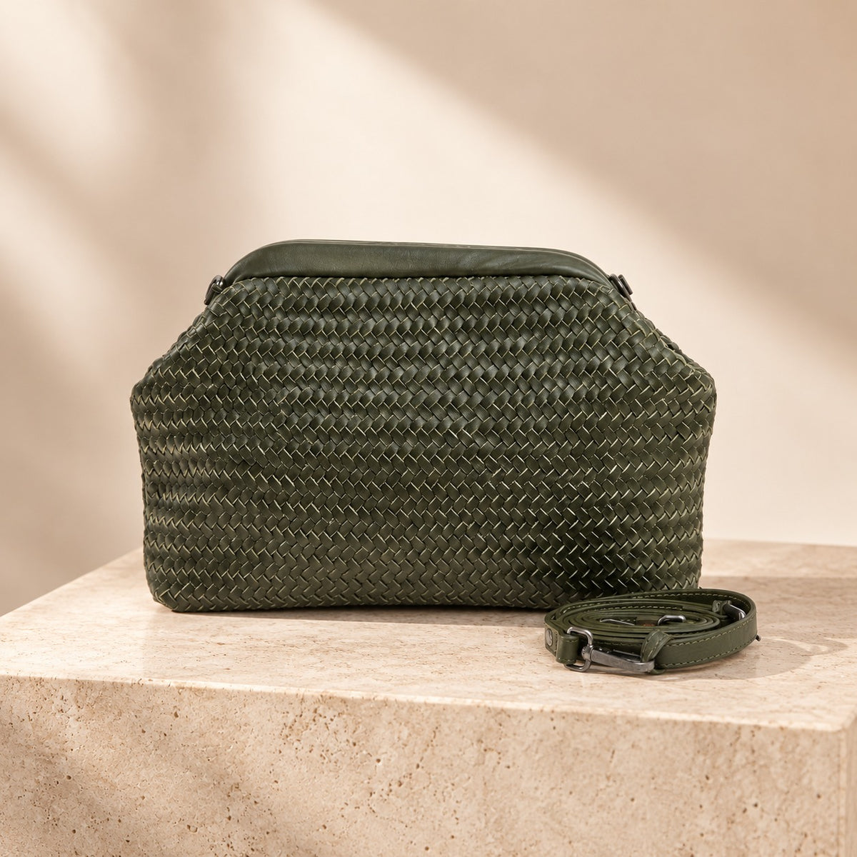 Rehard Dark Olive Green Woven Leather Bucket Bag, Crossbody, Everyday