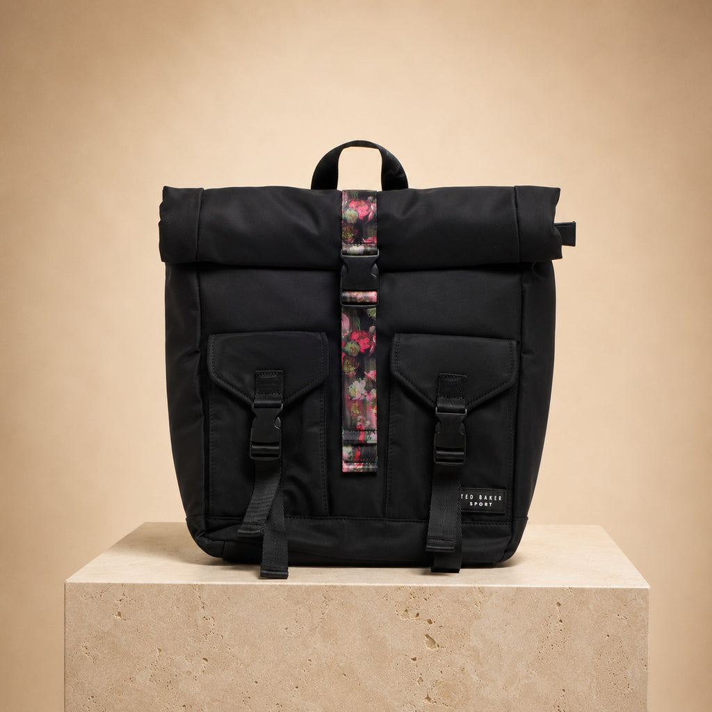 Ted Baker Sport Black Letica Backpack, Roll Top Floral Lining Bag
