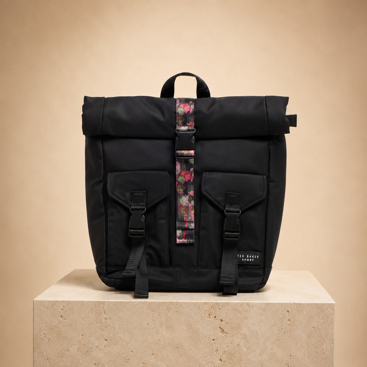 Ted Baker Sport Black Letica Backpack, Roll Top Floral Lining Bag
