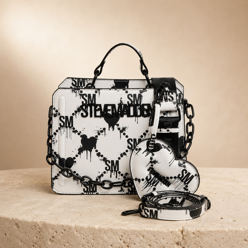 Steve Madden White Black Cross Body Bag, Drippy Heart, Statement Logo, Gift