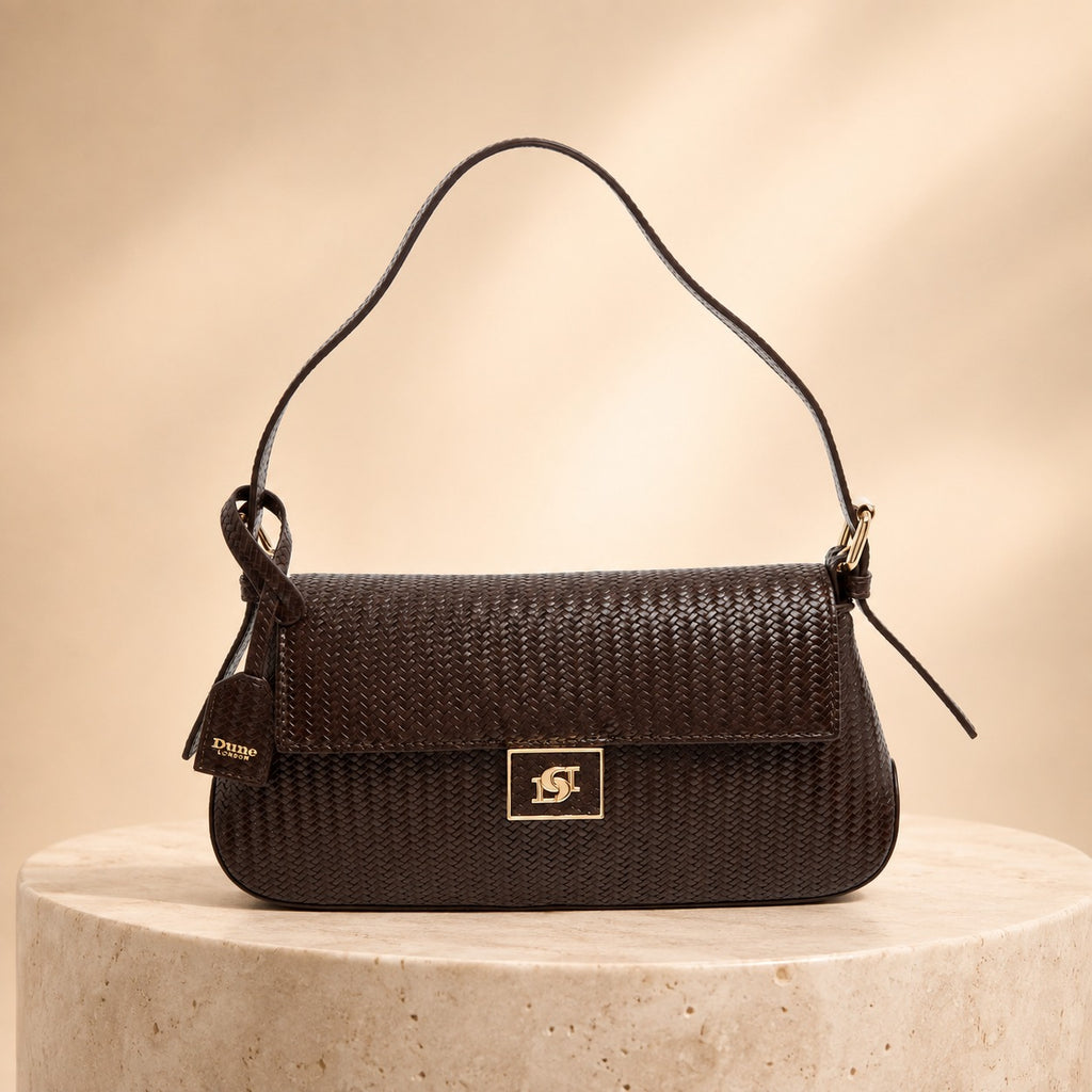 Dune Brown Weave Shoulder Bag, Dabin Style, Flap Top, Gold Hardware