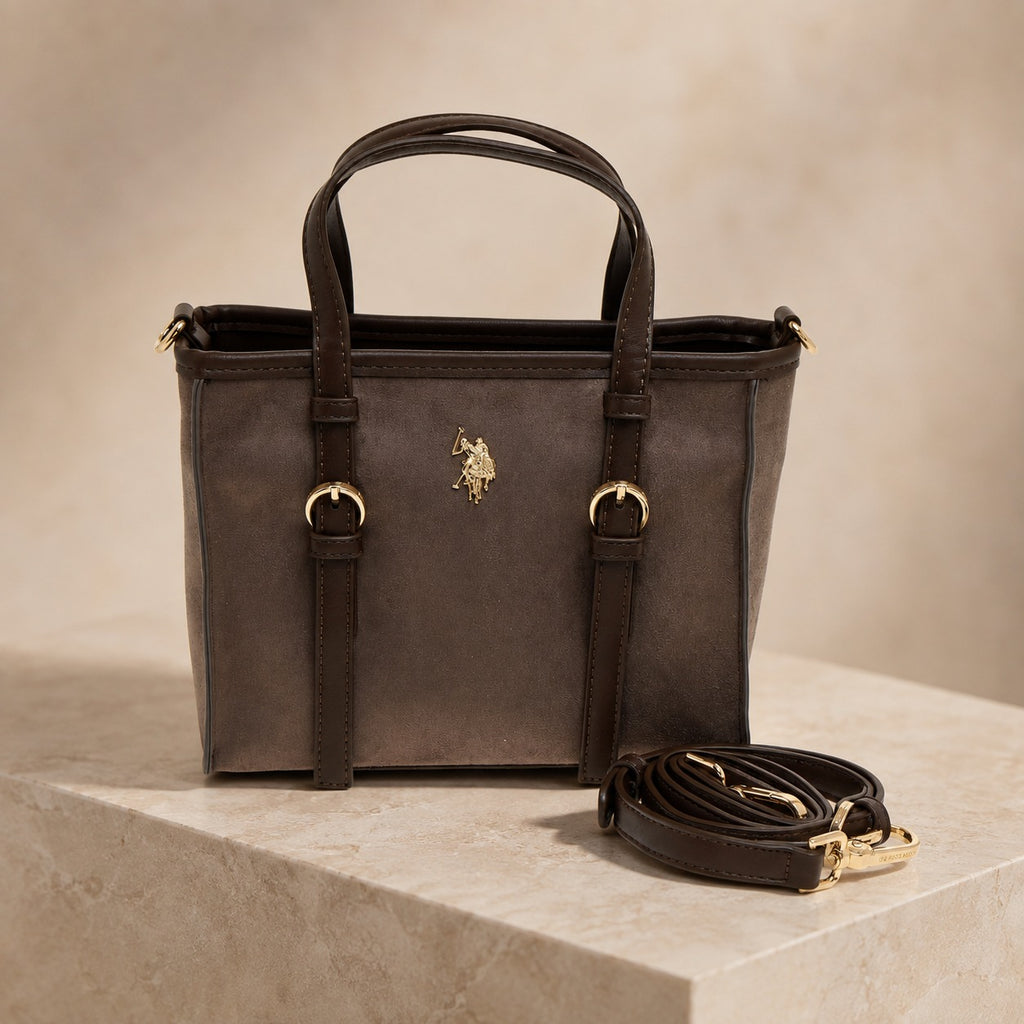 US Polo Assn Brown Tote Bag, Suede Finish, Gold Hardware, Preppy Equestrian