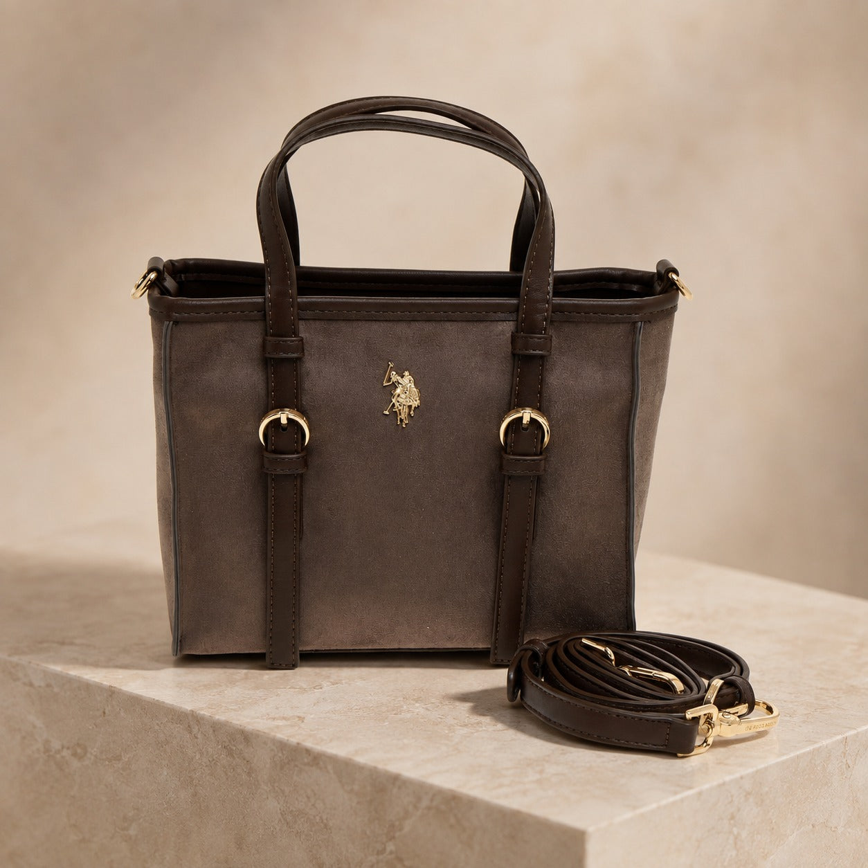 US Polo Assn Brown Tote Bag, Suede Finish, Gold Hardware, Preppy Equestrian
