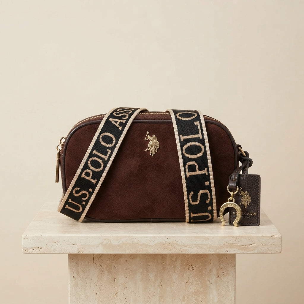 US Polo Assn Brown Crossbody Bag, Equestrian Style, Gold Hardware