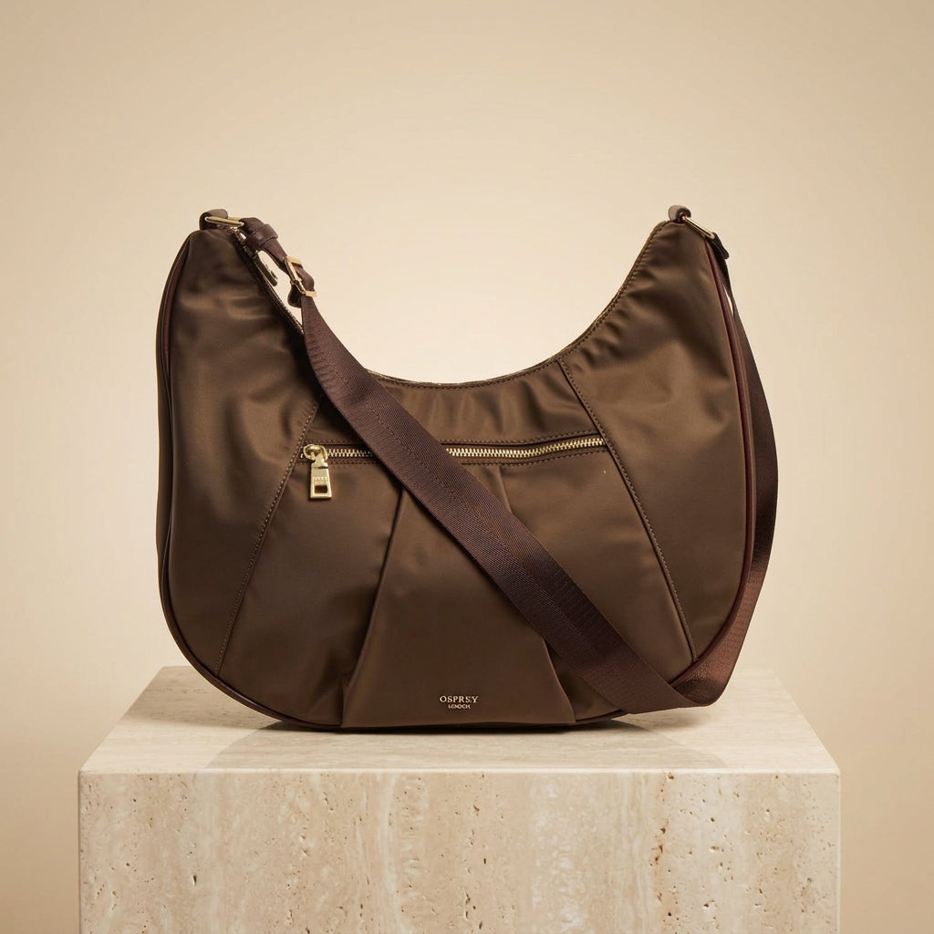 Osprey London Chocolate Shoulder Bag, Nomad Hobo Handbag, Gold Hardware