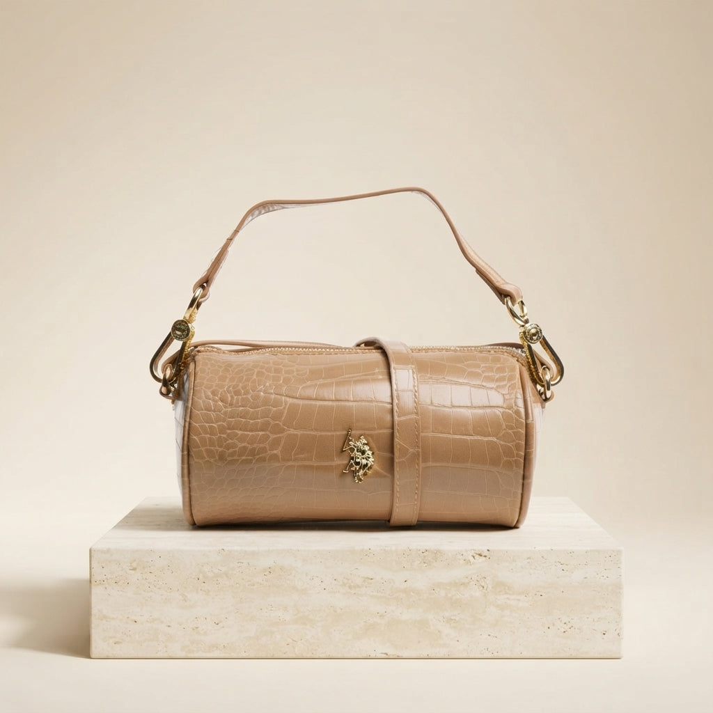 US Polo Assn Beige Crossbody Bag, Y2K Mini Barrel, Croc Texture, Aesthetic