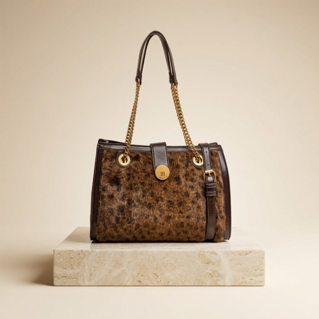 Bessie London Brown Leopard Tote Bag, Faux Fur Animal Print, Gold Hardware