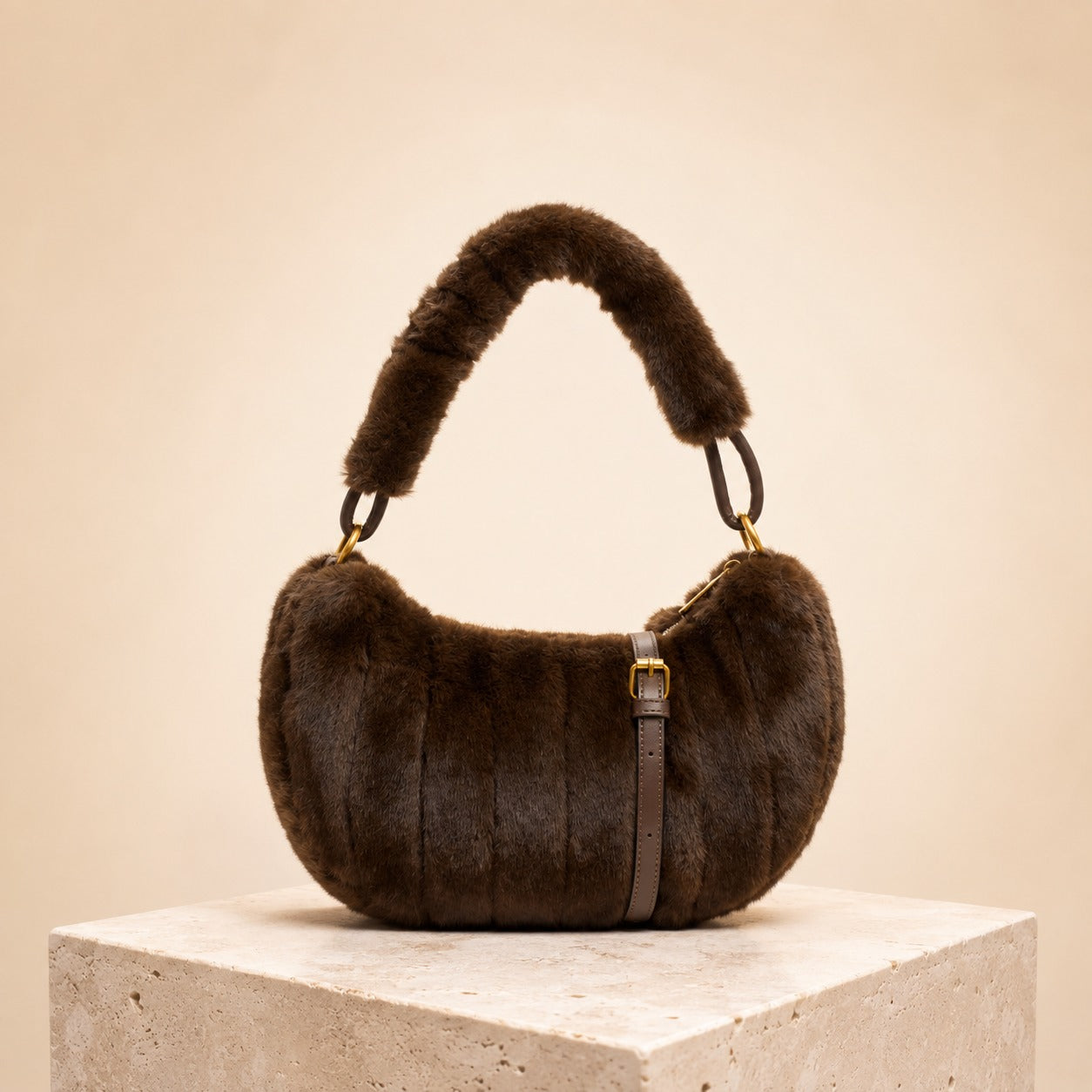 Bessie London Brown Faux Fur Shoulder Bag, Plush Winter Handbag, Soft Gift For Her