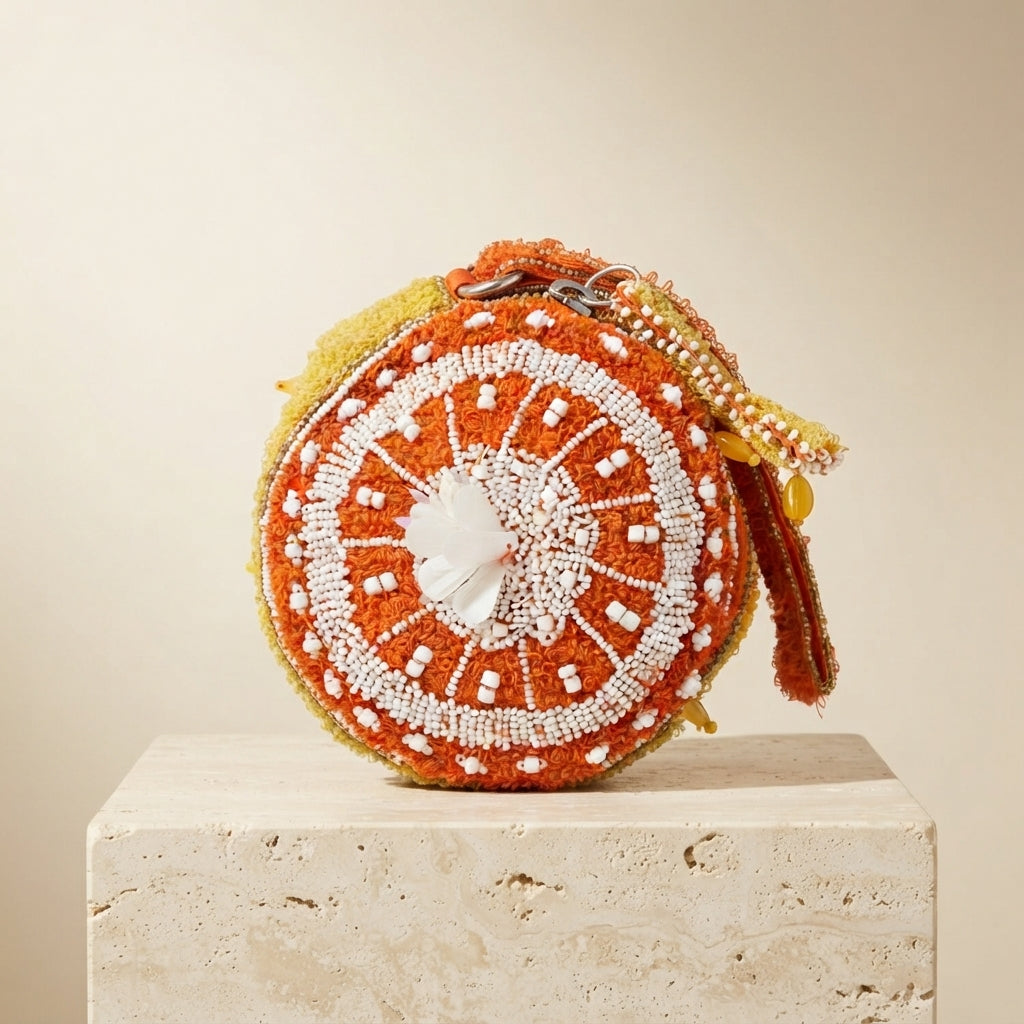 Mirasol Orange Beaded Bag, Fruit Design Wristlet, Novelty Summer Handbag