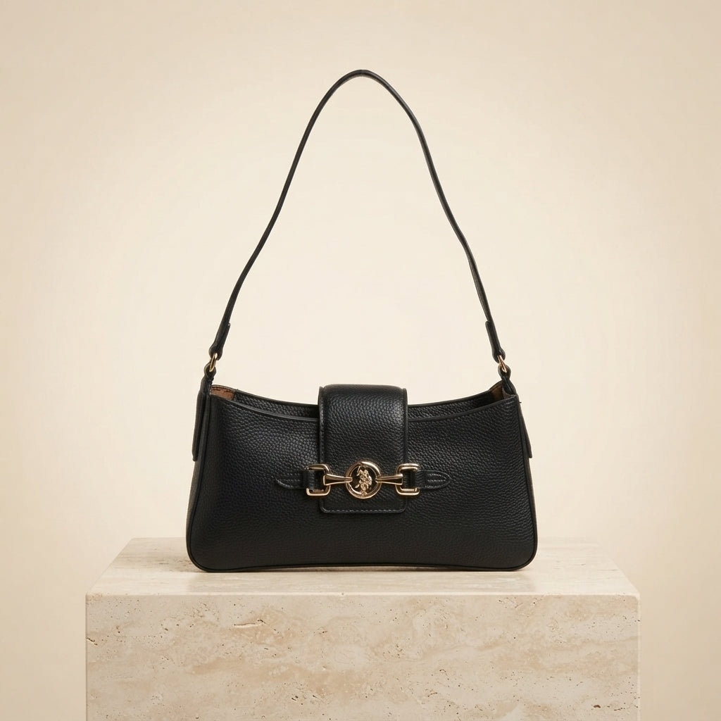 US Polo Assn Black Shoulder Bag, Gold Horsebit Hardware, Chic Everyday Tote