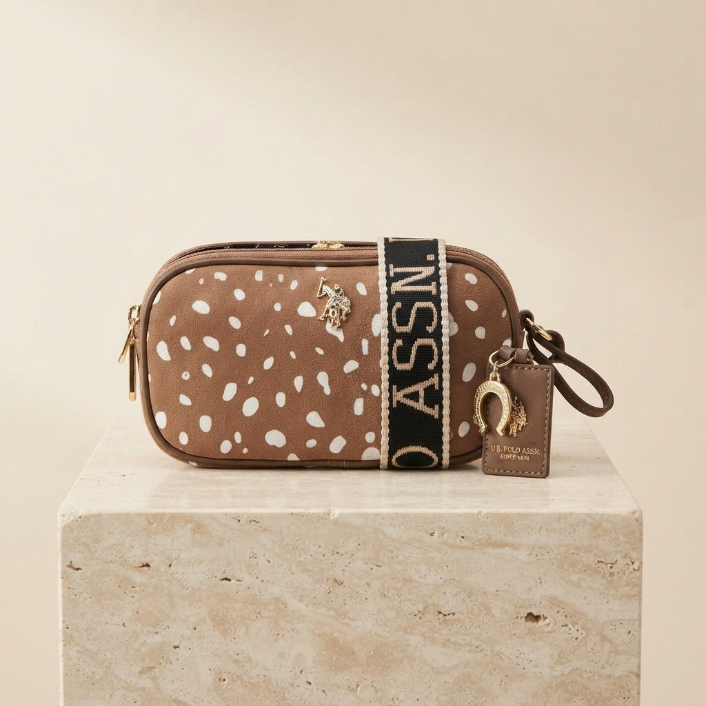 US Polo Assn Brown Polka Dot Crossbody, Suede Look, Gold Hardware, Everyday