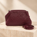 Rehard Burgundy Leather Crossbody Bag, Woven Clutch, Everyday Purse, Gift for Her