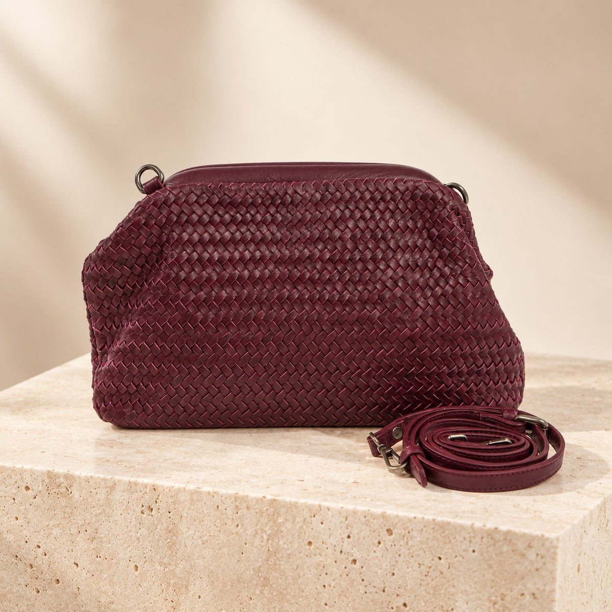 Rehard Burgundy Leather Crossbody Bag, Woven Clutch, Everyday Purse, Gift for Her
