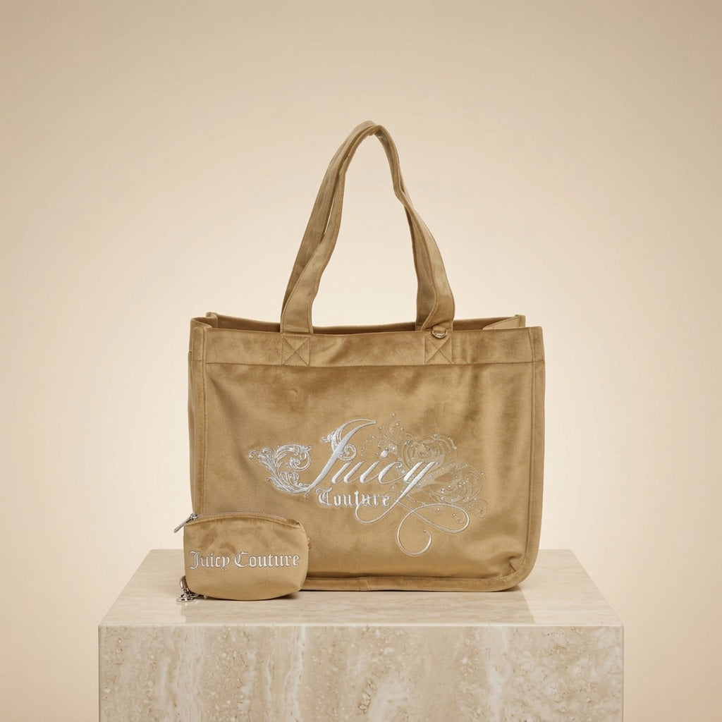 Juicy Couture Beige Shopping Tote Bag, Velour, Rhinestone Logo, Y2K Aesthetic